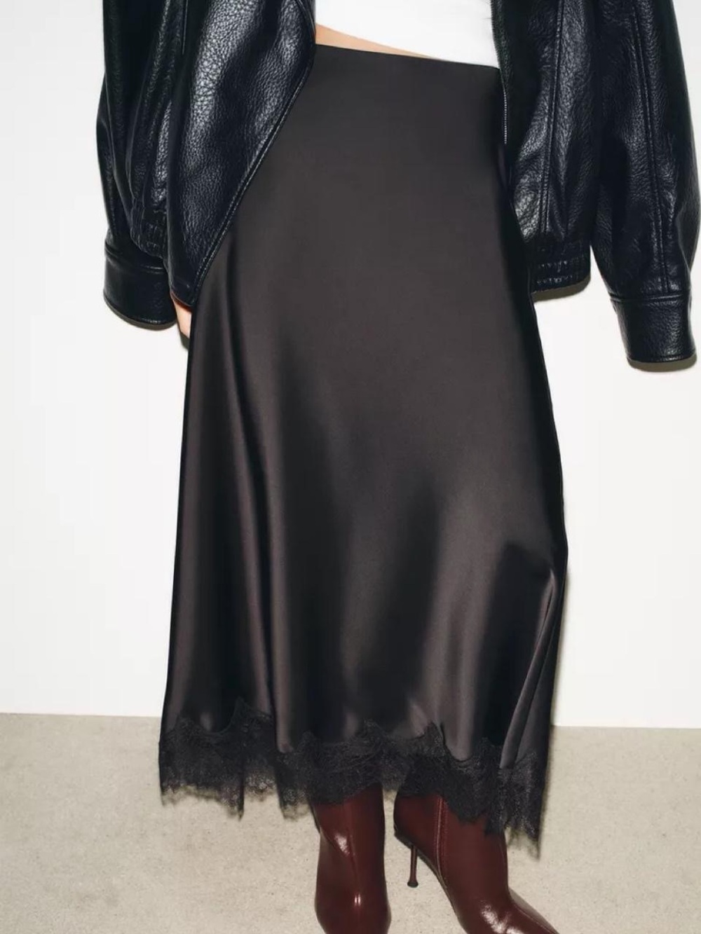 Zara Black Satin Slip Skirt with Lace Hem